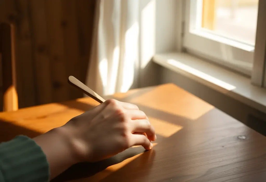 Une main féminine tenant une cuillère en bois, symbolisant le soin de soi