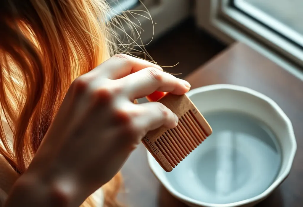 Une main féminine tient une lime à cheveux en bois près d'un petit bol d'eau, évoquant la douceur du post-partum.