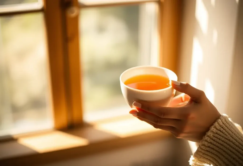 Une main féminine tient une tasse de thé chaud, apportant chaleur et confort.