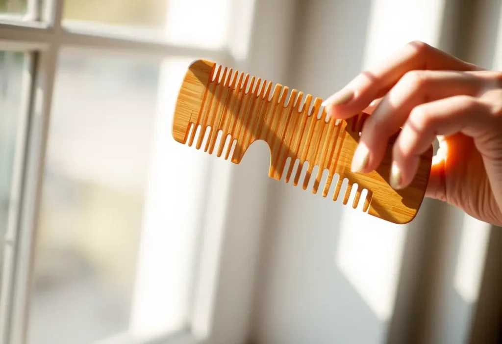 Une main féminine tient délicatement une peigne en bois, lumière naturelle chaleureuse