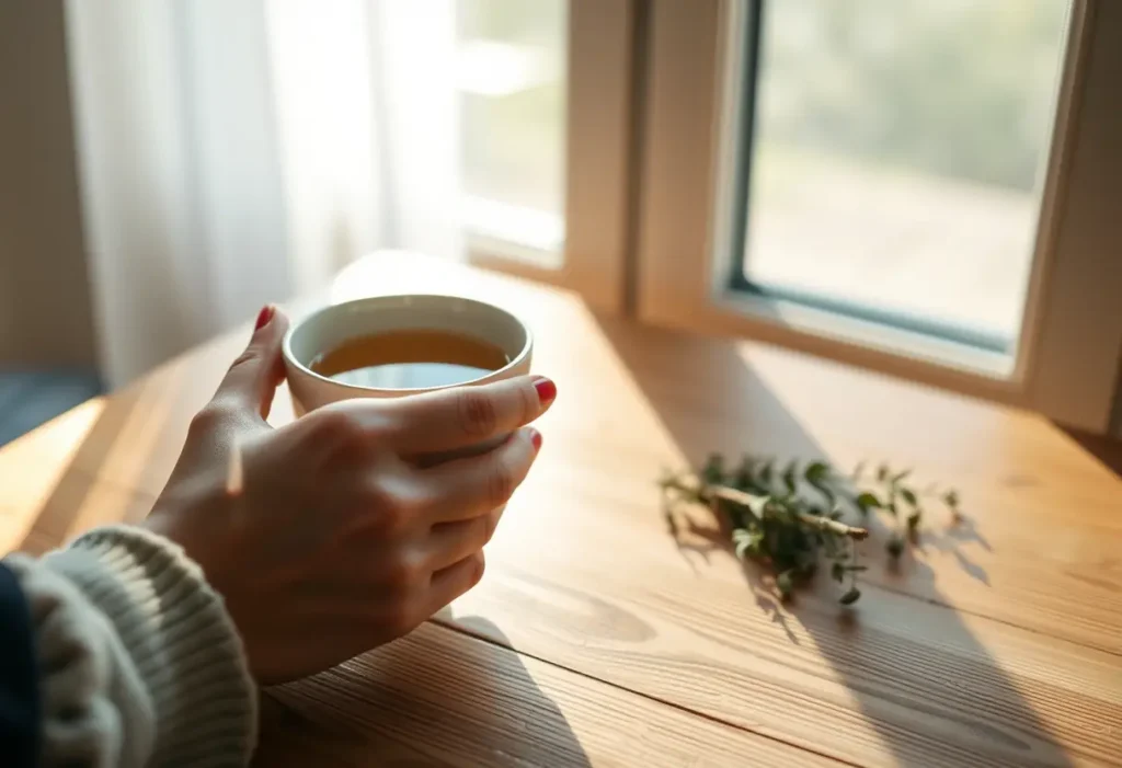 une main tenant une tasse de thé chaud, en lien avec la ménopause