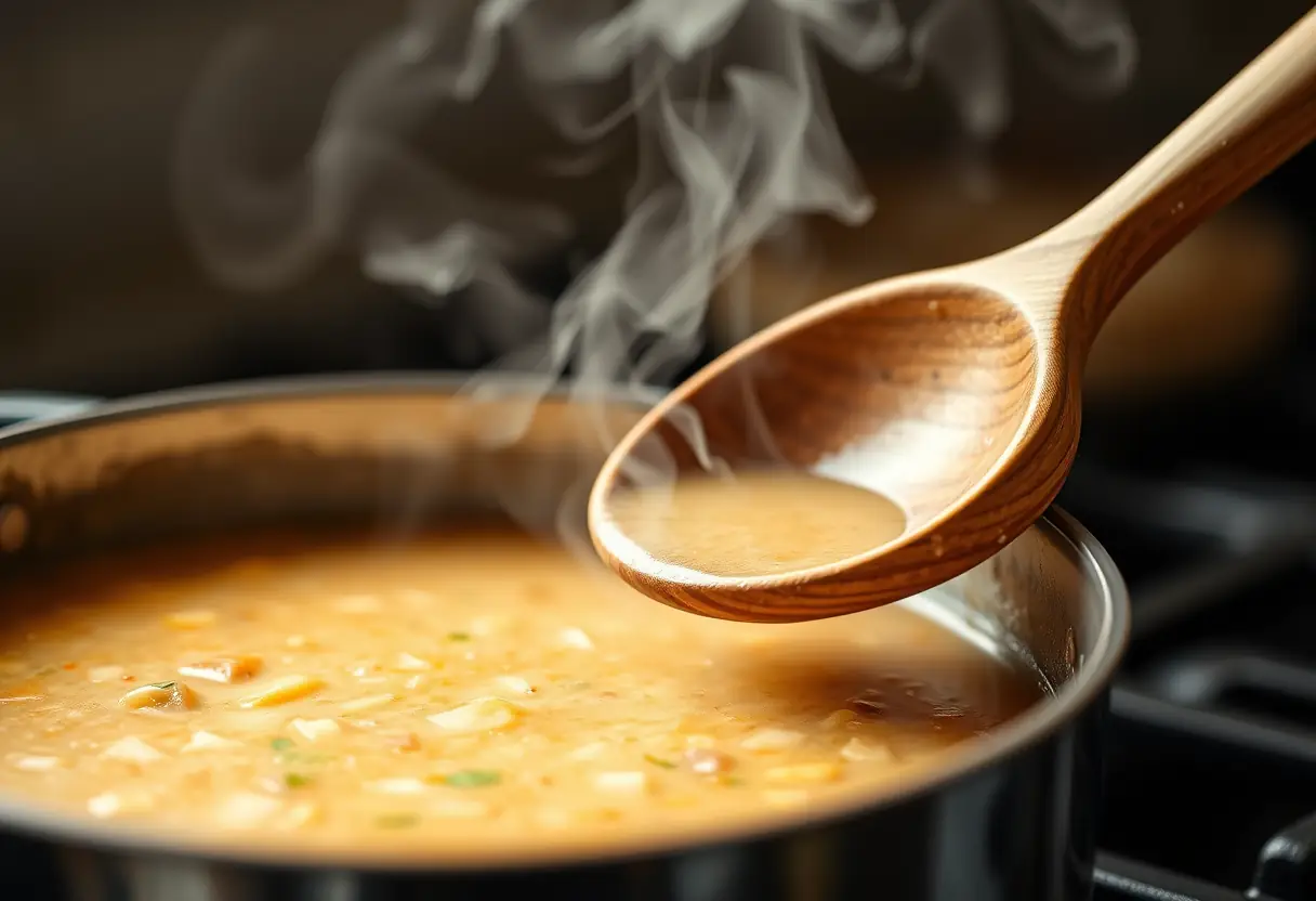 Texte alternatif : cuillère en bois dans une casserole de soupe, représentation du confort durant la ménopause