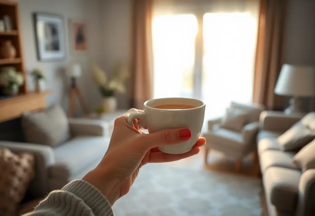 Une main tenant une tasse de thé de camomille dans un salon accueillant, propice au bien-être personnel