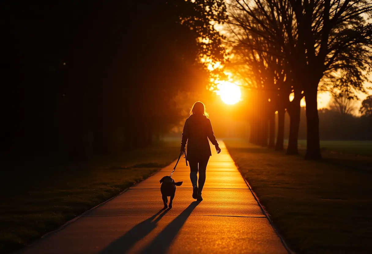 Un profil d'une femme qui promène son chien au crépuscule, éclairée par la lumière dorée de la fin de journée