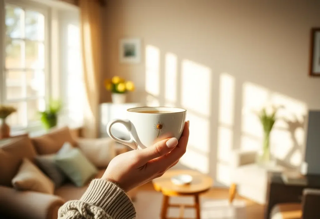 Une main tenant une tasse de thé aux fleurs de camomille dans un salon accueillant