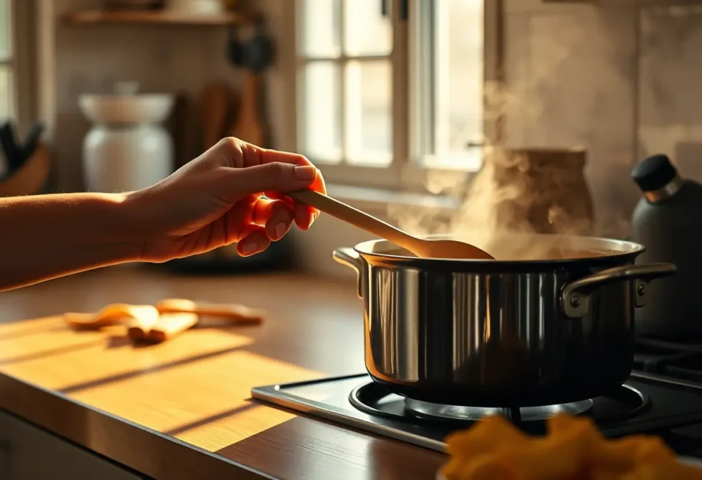 Main: une main féminine tient délicatement une cuillère en bois dans une cuisine chaude.