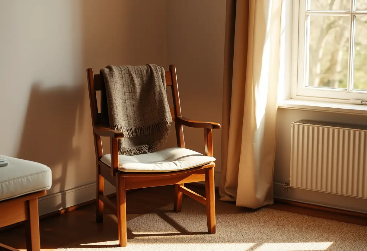 Alt Text: Un fauteuil en bois dans un salon, source de confort et de bien-être.