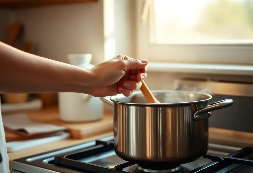 Une main féminine tenant une cuillère en bois au-dessus d'une marmite sur une cuisinière, lumières douces du matin