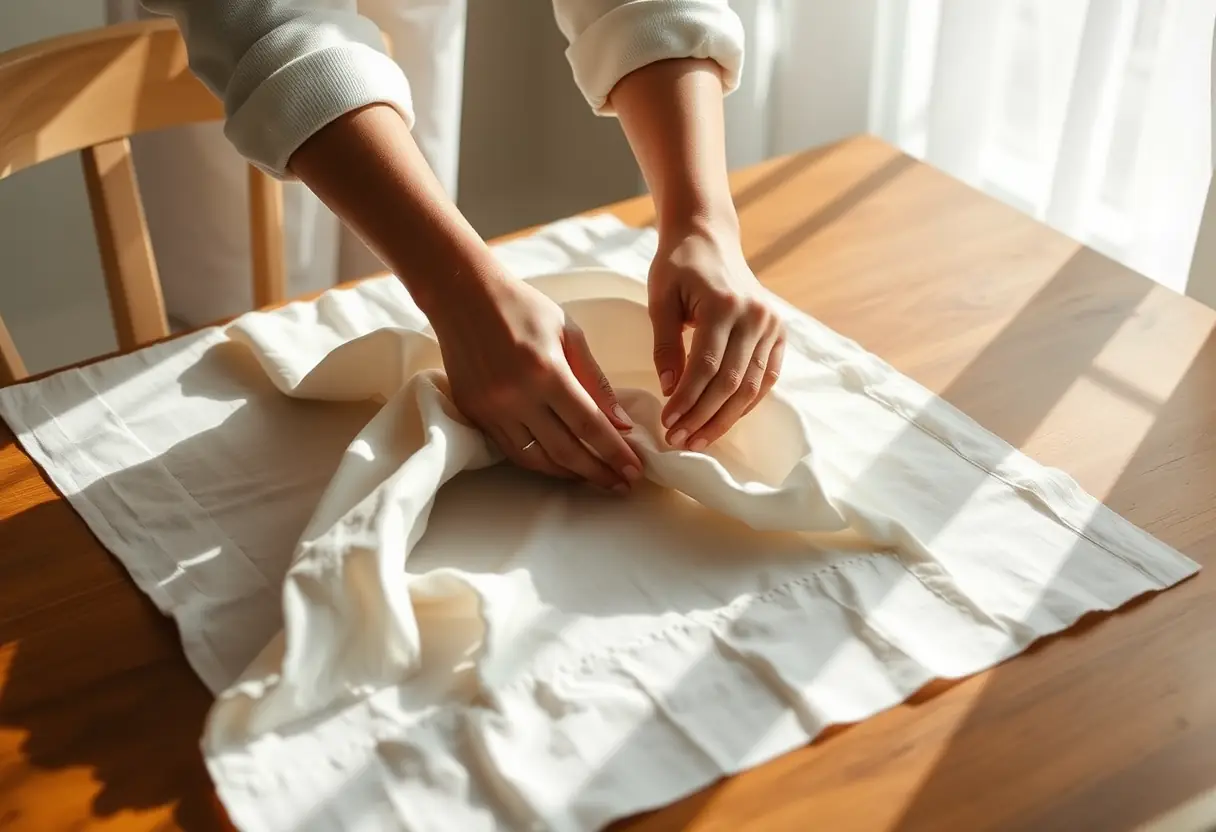 Des mains repliant délicatement un torchon en coton sur une table de cuisine, éclairées par la lumière du matin