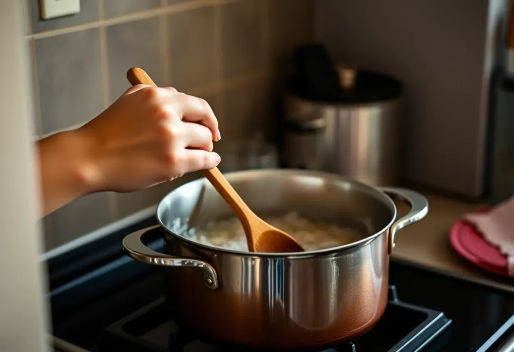 Une main féminine tient délicatement une cuillère en bois au-dessus d'une casserole sur une cuisinière, illustrant le bien-être à la maison.