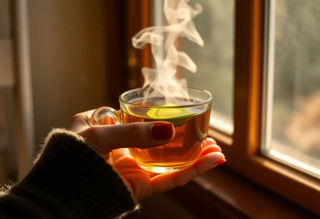Une main féminine tient une tasse de thé chaud, symbolisant le bien-être et la sérénité