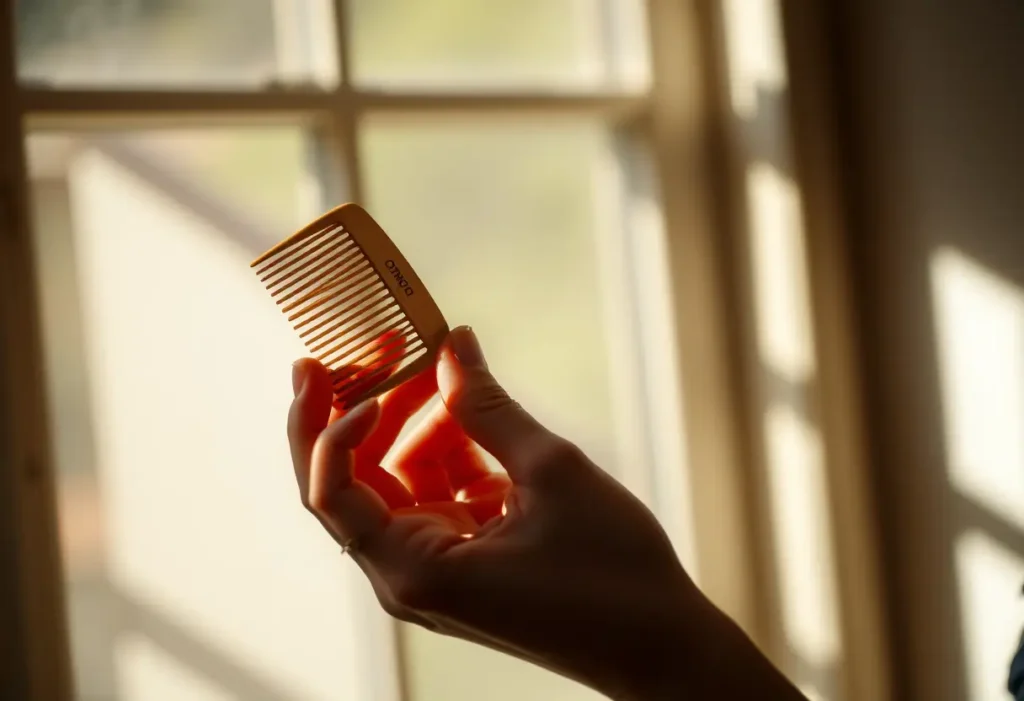 Une main féminine tient délicatement une brosse en bois