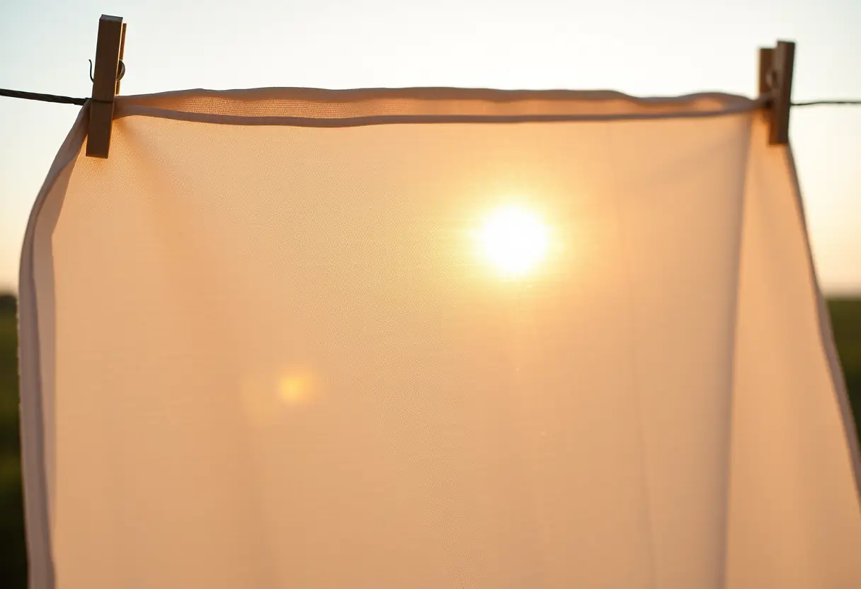 Une serviette en coton pendue à une corde à linge avec des gouttes de rosée qui brillent
