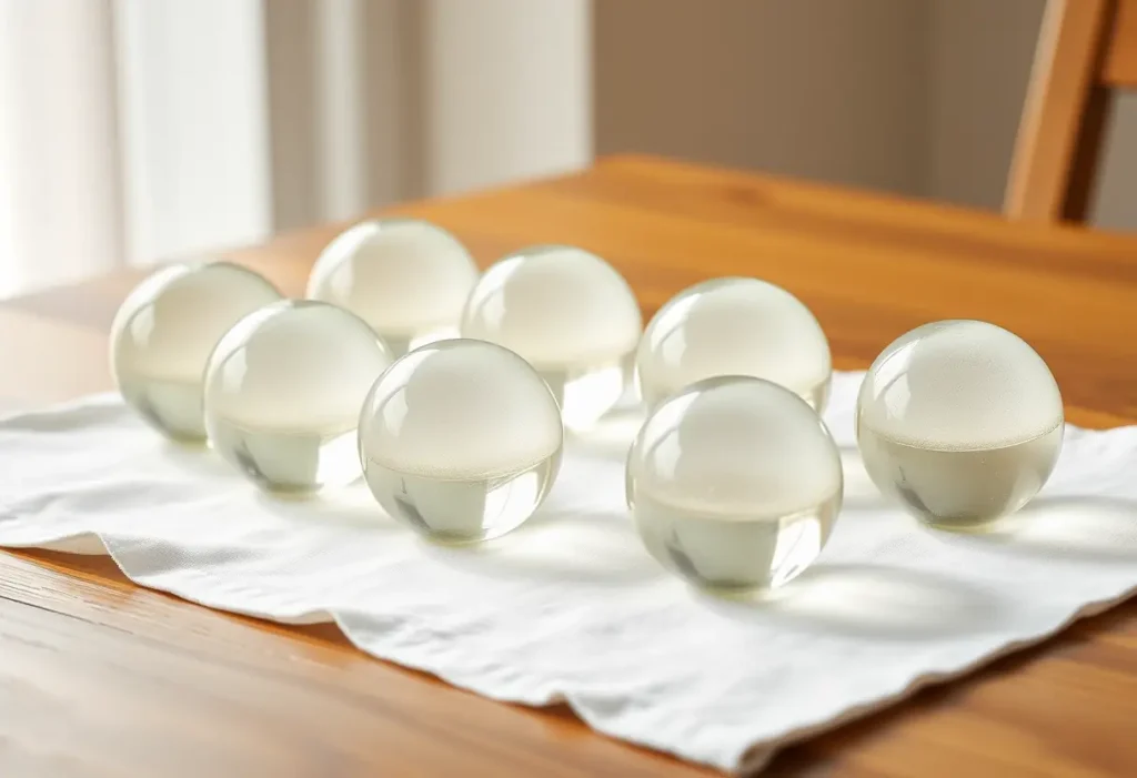 Des boules de verre lisses posées sur un tissu blanc sur une table en bois