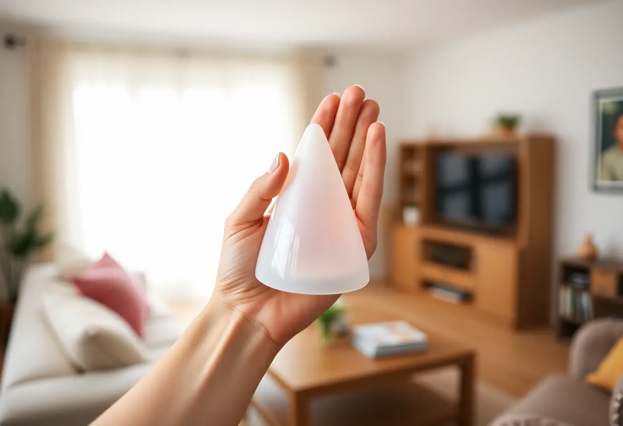Une main féminine tenant un poids conique vaginal qui brille doucement dans la lumière naturelle
