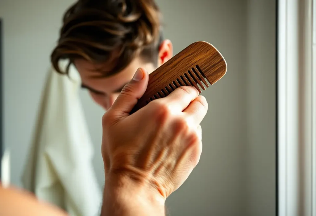 Une main d'homme tient un peigne usé, brossant ses cheveux devant un miroir, dans le contexte de la rééducation du périnée.