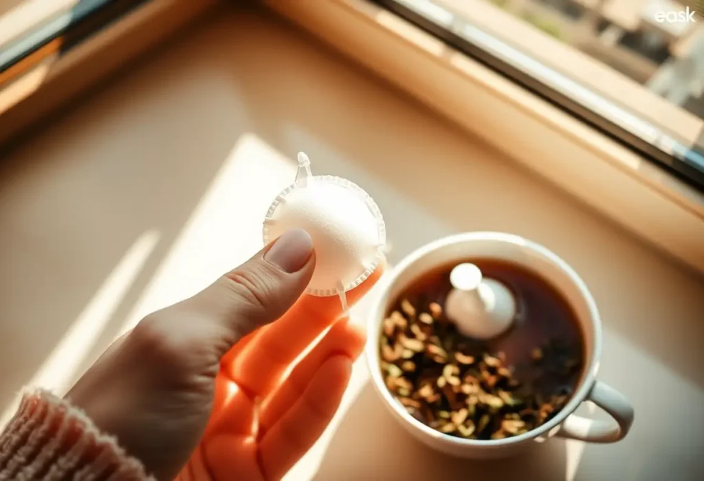 une main féminine tenant un tampon doux et rond près d'une tasse de thé aux herbes, lumière naturelle réchauffante
