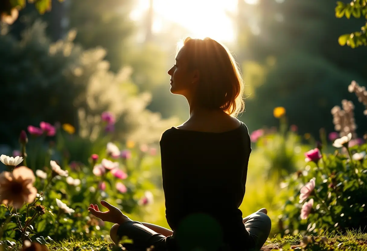 une silhouette de femme méditant dans un jardin ensoleillé, entourée de fleurs en fleur et de verdure, moments de réflexion et de paix
