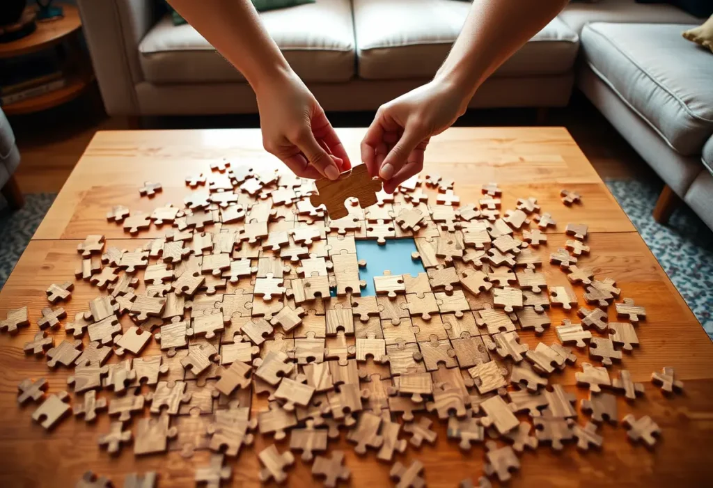 Des mains tenant une pièce de puzzle en bois, s'efforçant de la faire entrer dans un puzzle plus grand sur une table basse, représentant l'union.