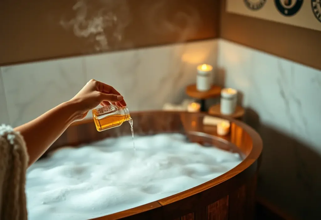 Une main verse des huiles parfumées dans un bain relaxant, ambiance romantique et apaisante