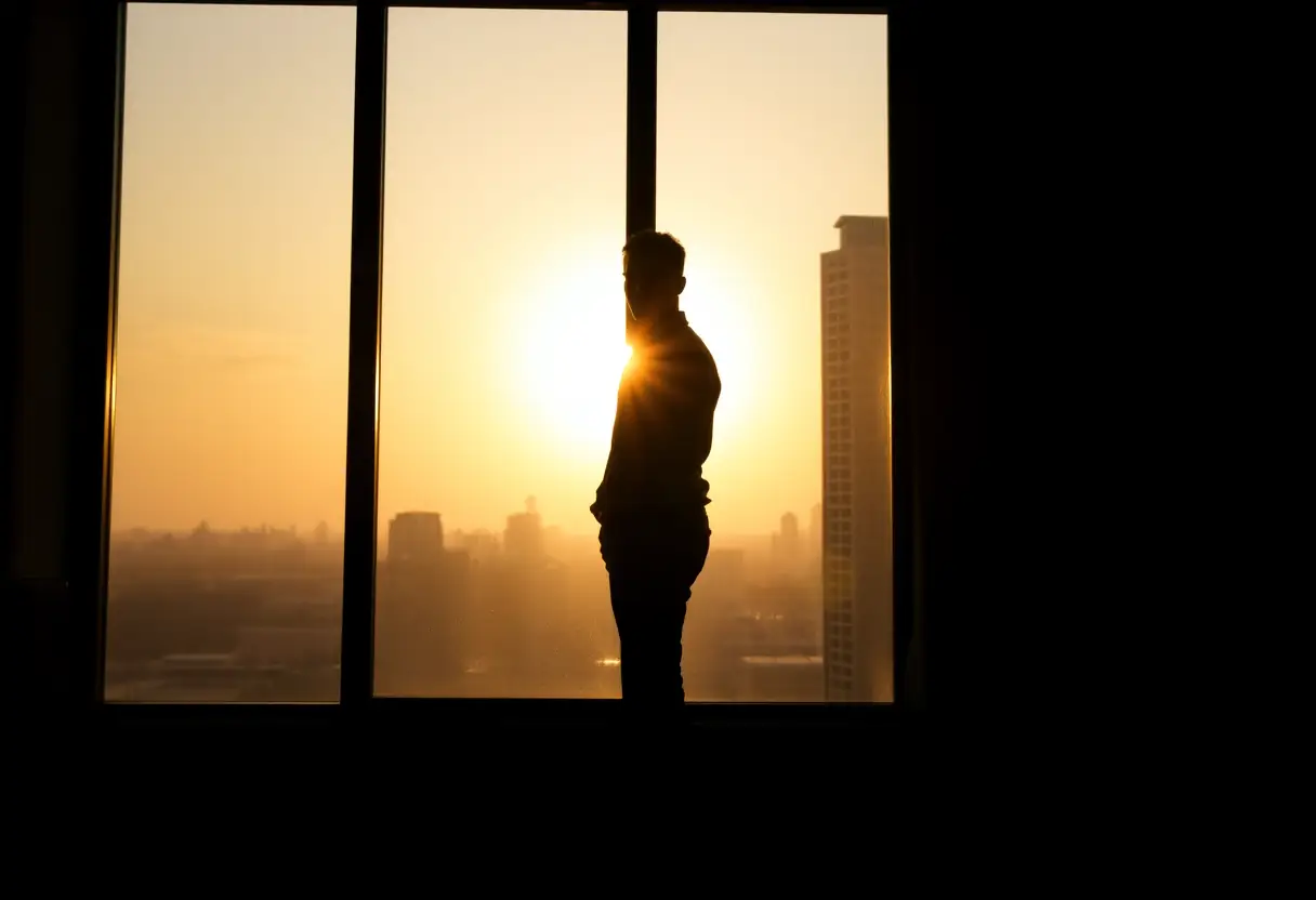 Un silhouettage devant une fenêtre illuminée par le soleil couchant, vue sur la ville
