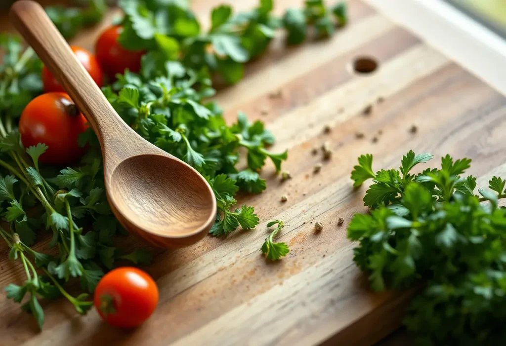 Une cuillère en bois repose sur un plan de travail garni d'herbes et de légumes frais
