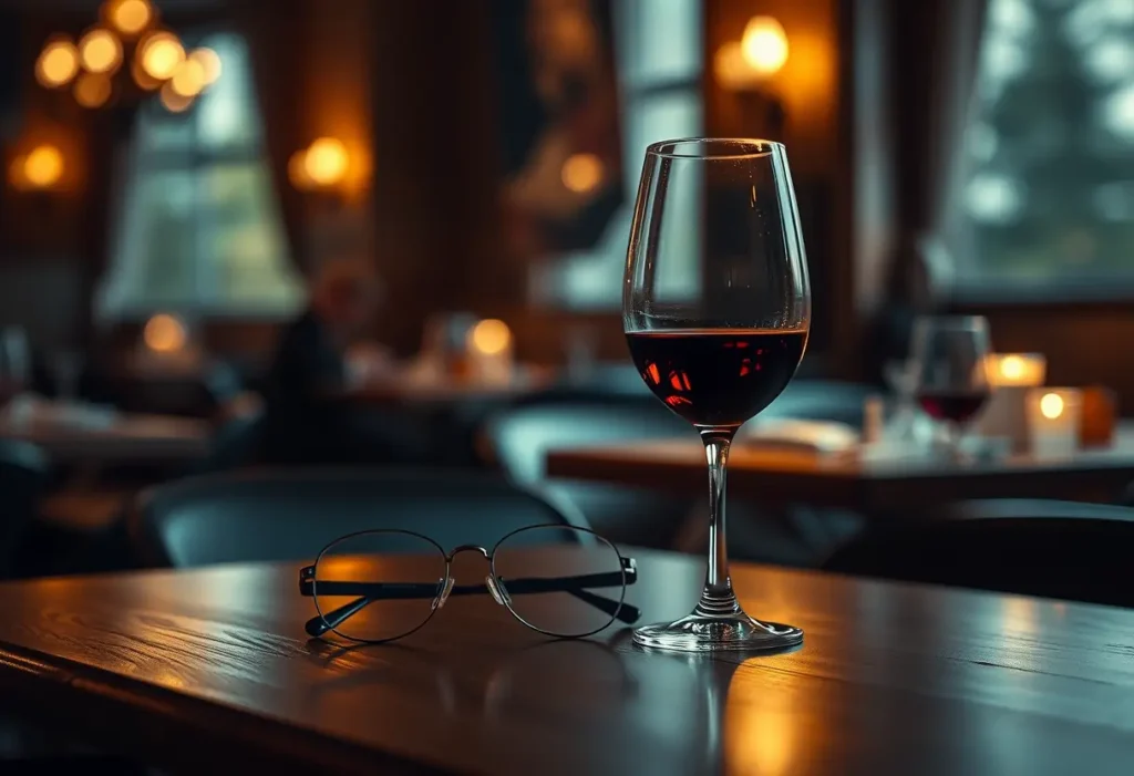 lunettes posées sur une table en bois poli dans un restaurant romantique, à côté d'un verre de vin à moitié vide