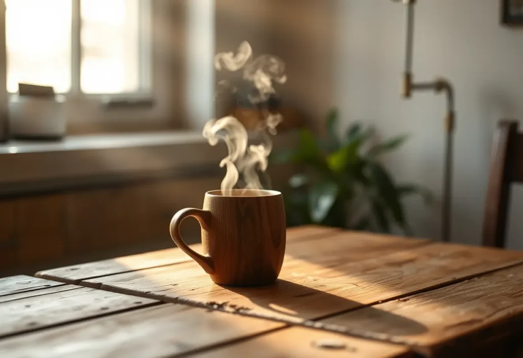 Un mug en bois sur une table rustique éclairée par la lumière du matin