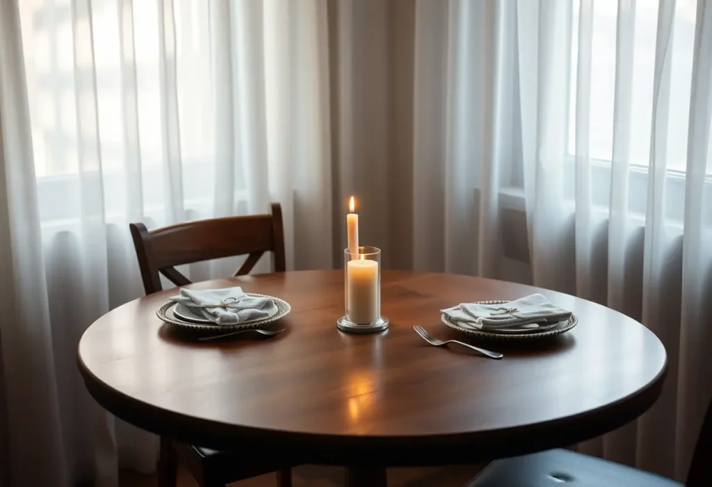 Table dressée pour deux personnes avec une bougie allumée pour la Saint-Valentin