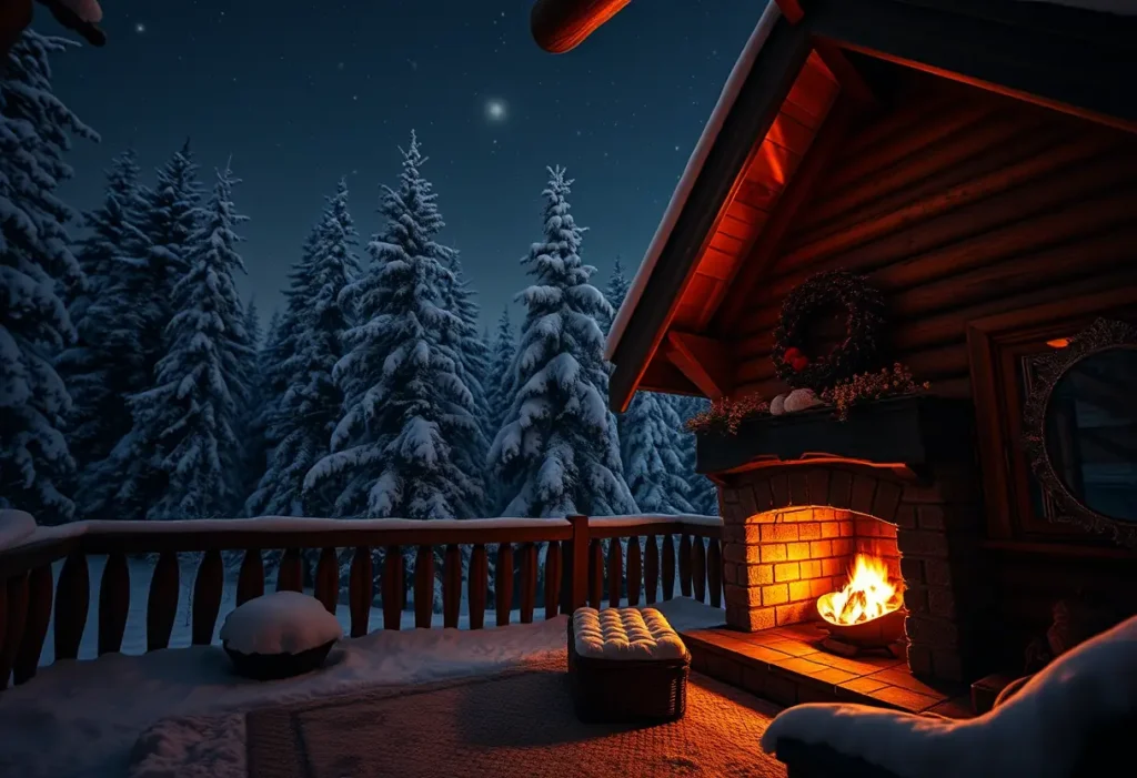 Chalet romantique avec feu de bois et neige