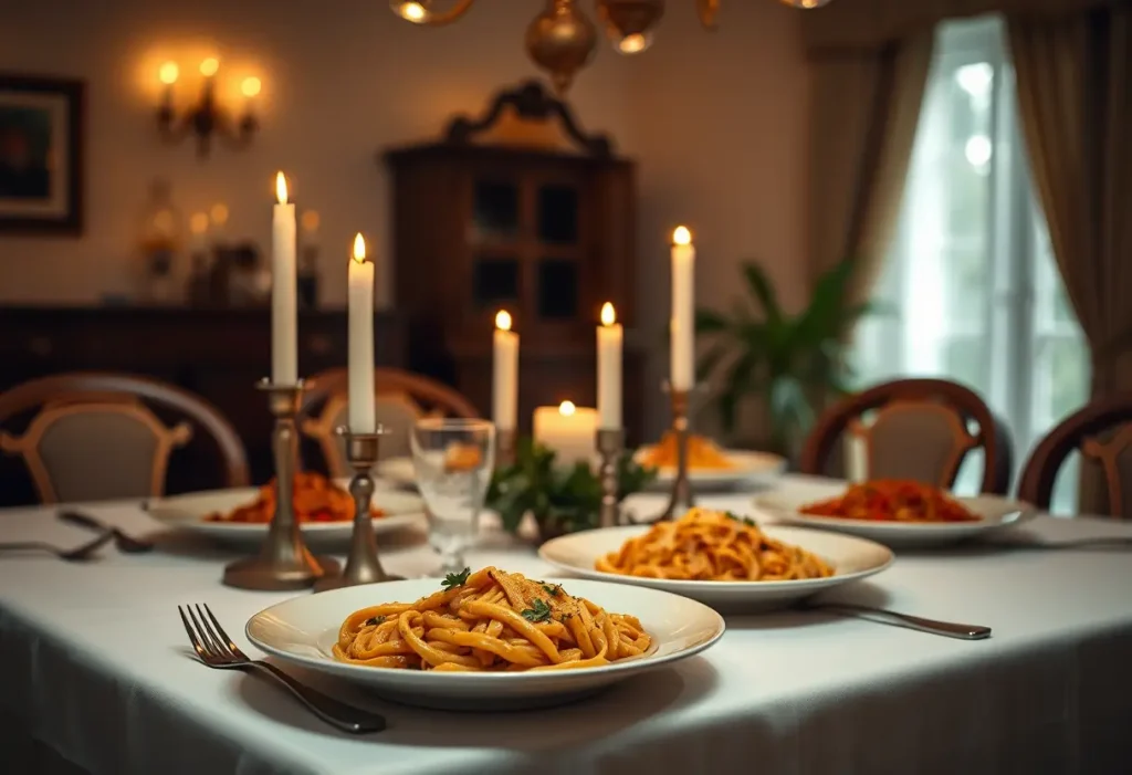 Un repas romantique avec des bougies et des pâtes faites maison