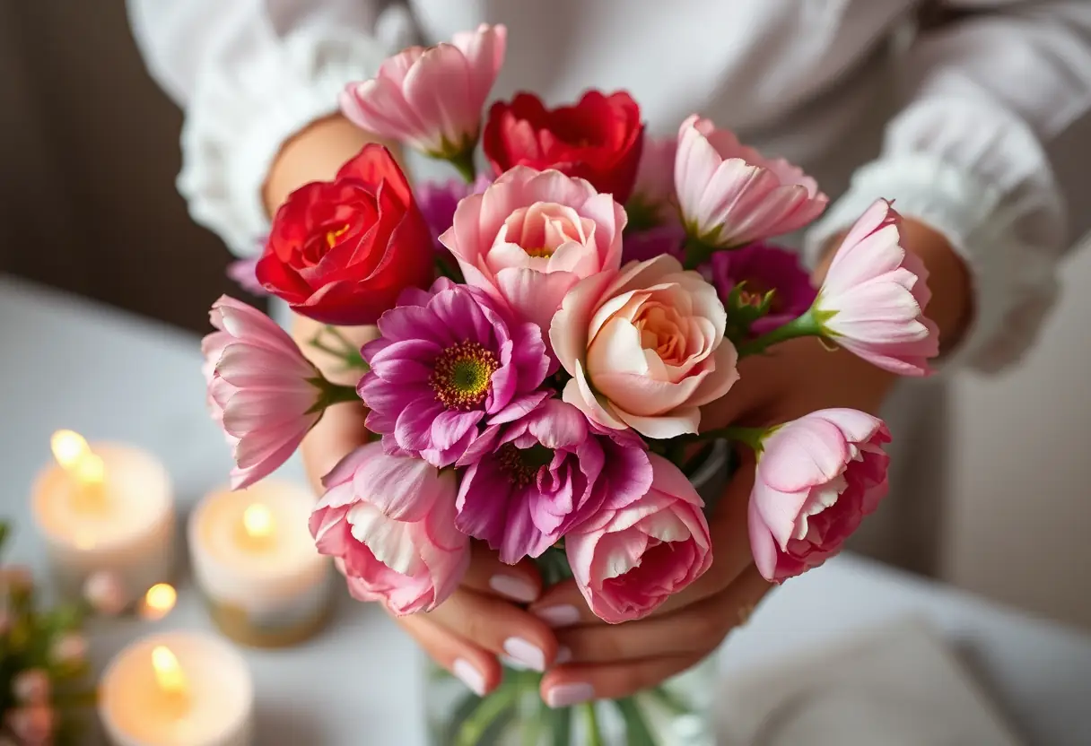 Des mains arrangeant des fleurs fraîches dans un vase éclairé par des bougies