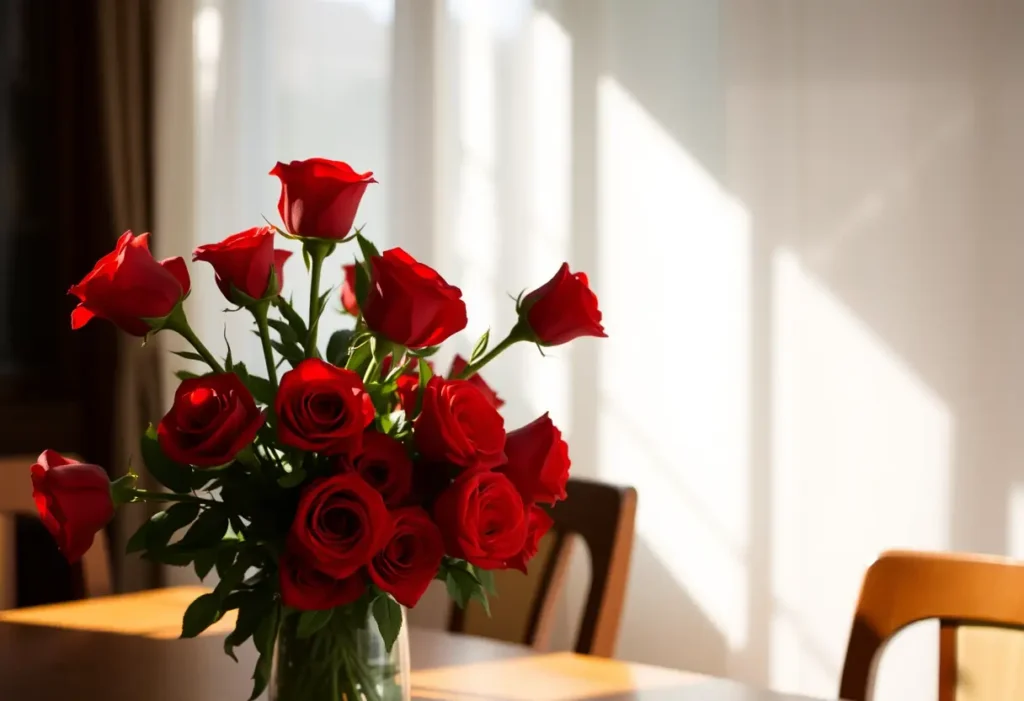 Un vase rempli de roses rouges sur une table de cuisine