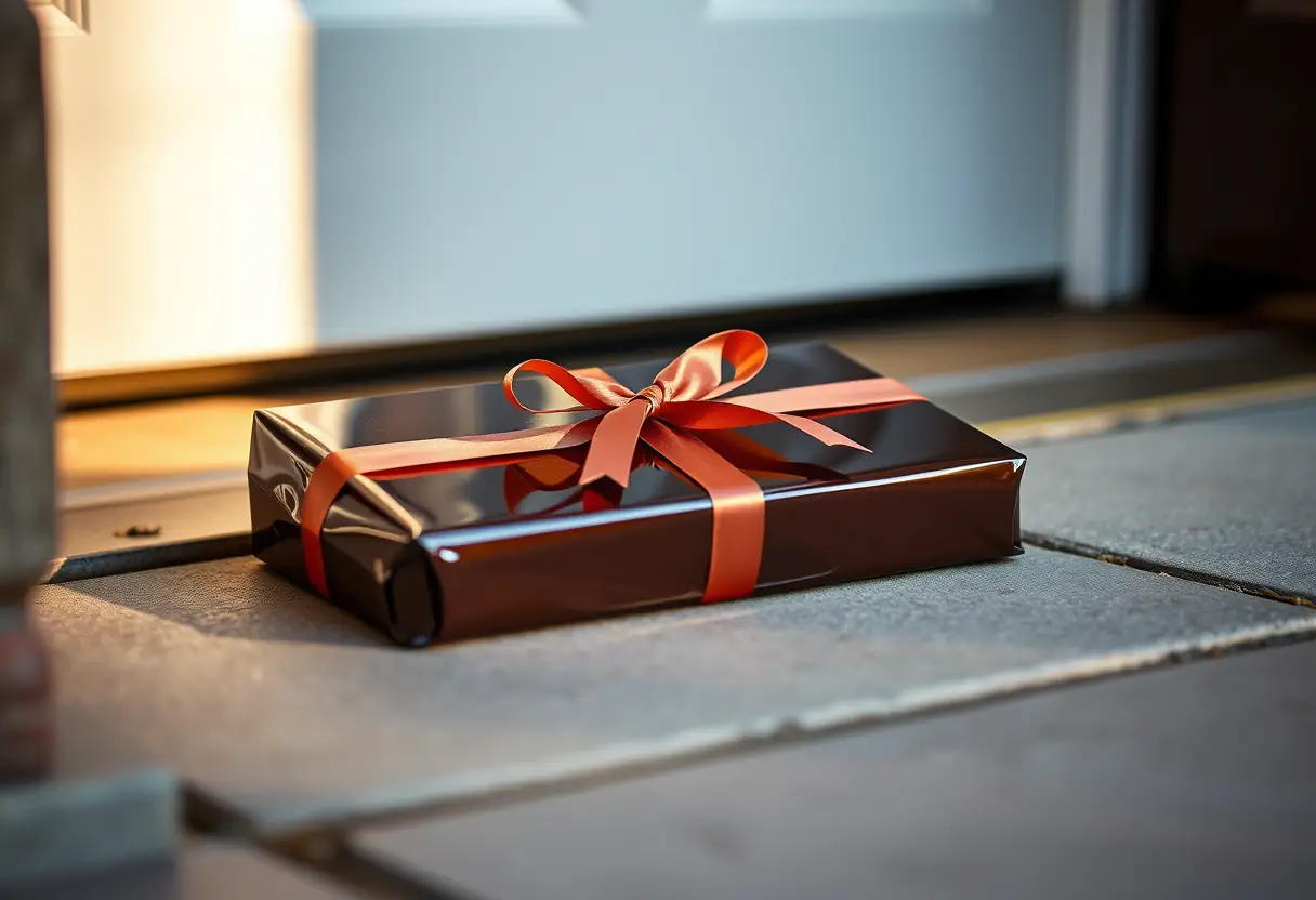Une boîte de chocolats enveloppée sur un perron au petit matin
