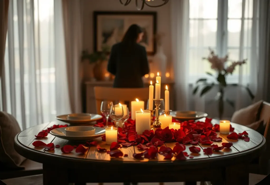 Un salon chaleureux pour un dîner romantique avec des bougies et des pétales de roses