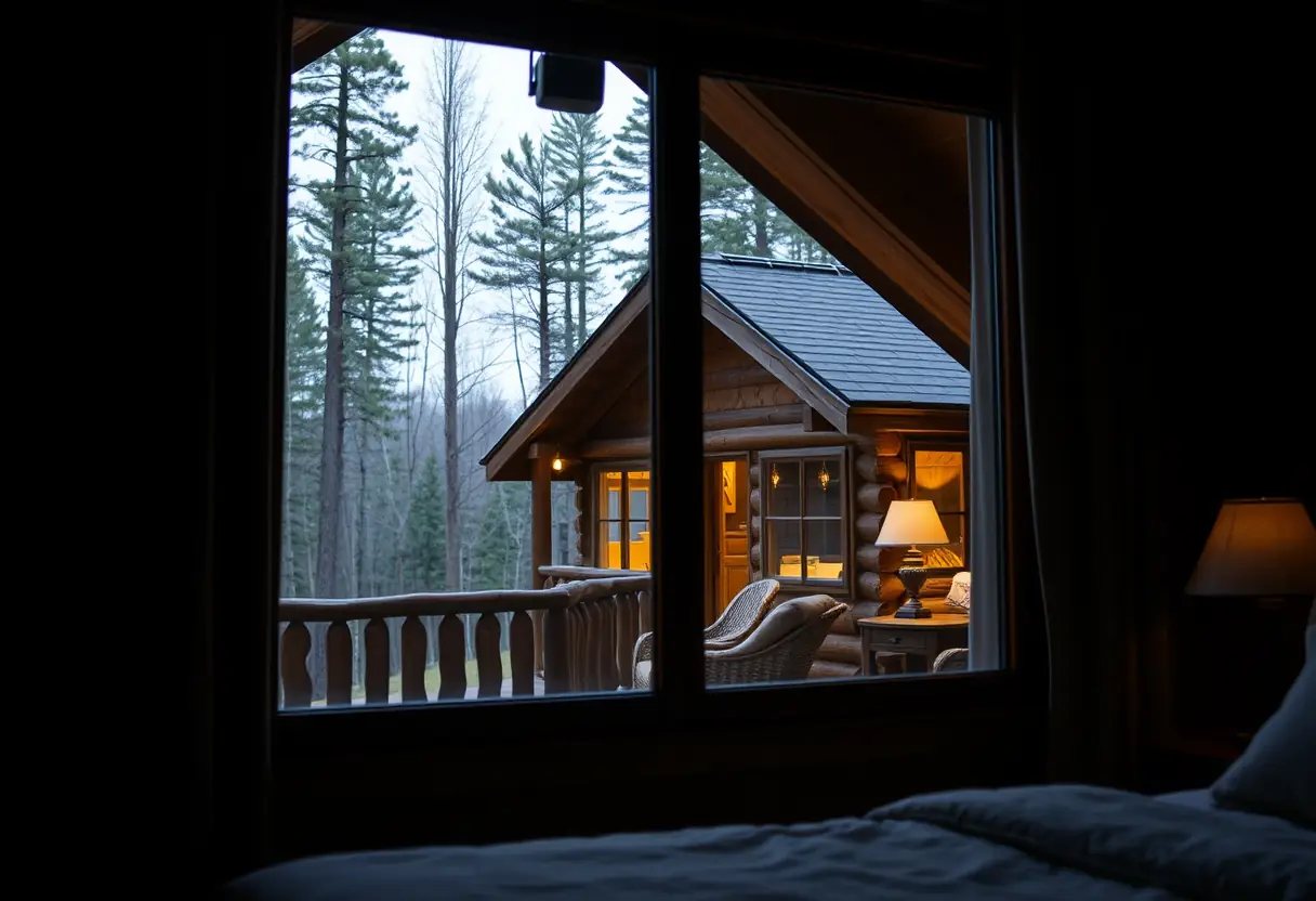Une cabane de bois dans les arbres vue depuis la fenêtre d'une chambre d'hôtel accueillante