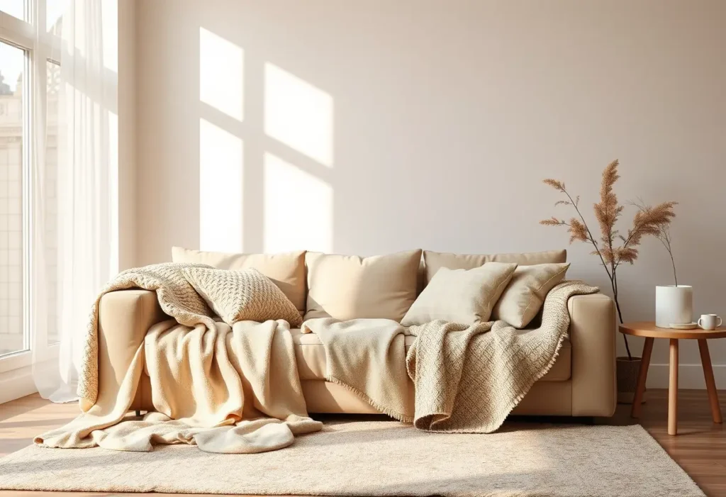 Un salon douillet avec des couvertures et des coussins moelleux pour se détendre