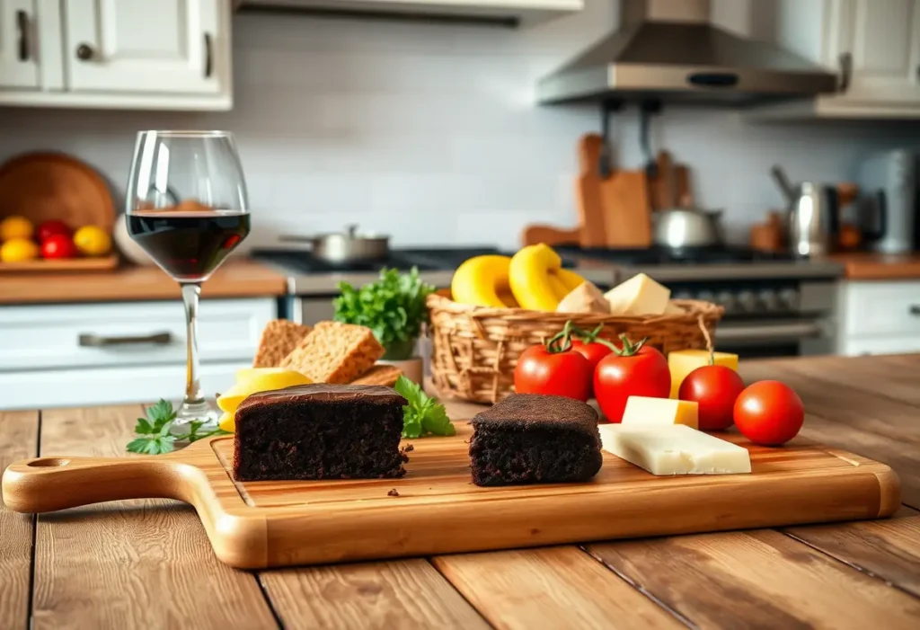 Un plan de travail rustique avec des ingrédients frais et un gâteau au chocolat, idéal pour un dîner romantique
