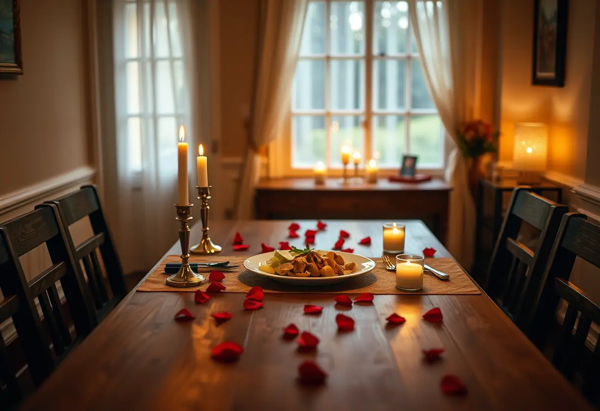 Un beau couvert romantique avec bougies et pétales de rose pour deux personnes