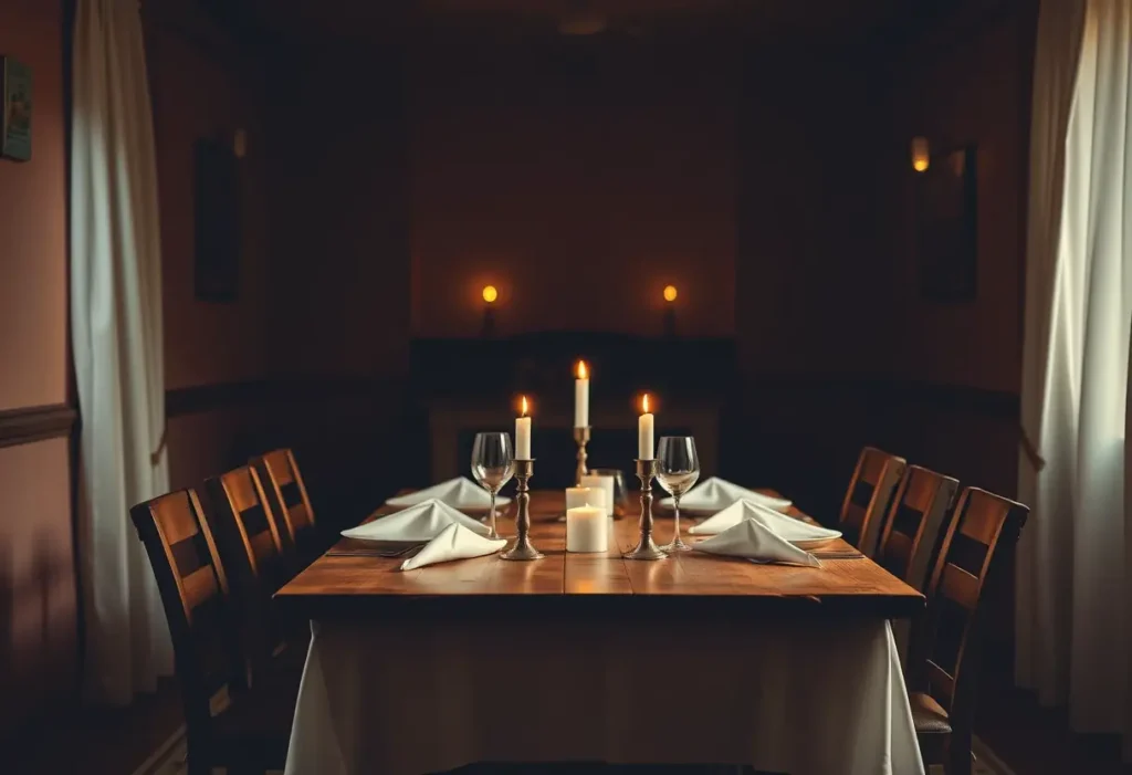 Table en bois dans un restaurant intime à Lyon, décoré pour la Saint-Valentin.