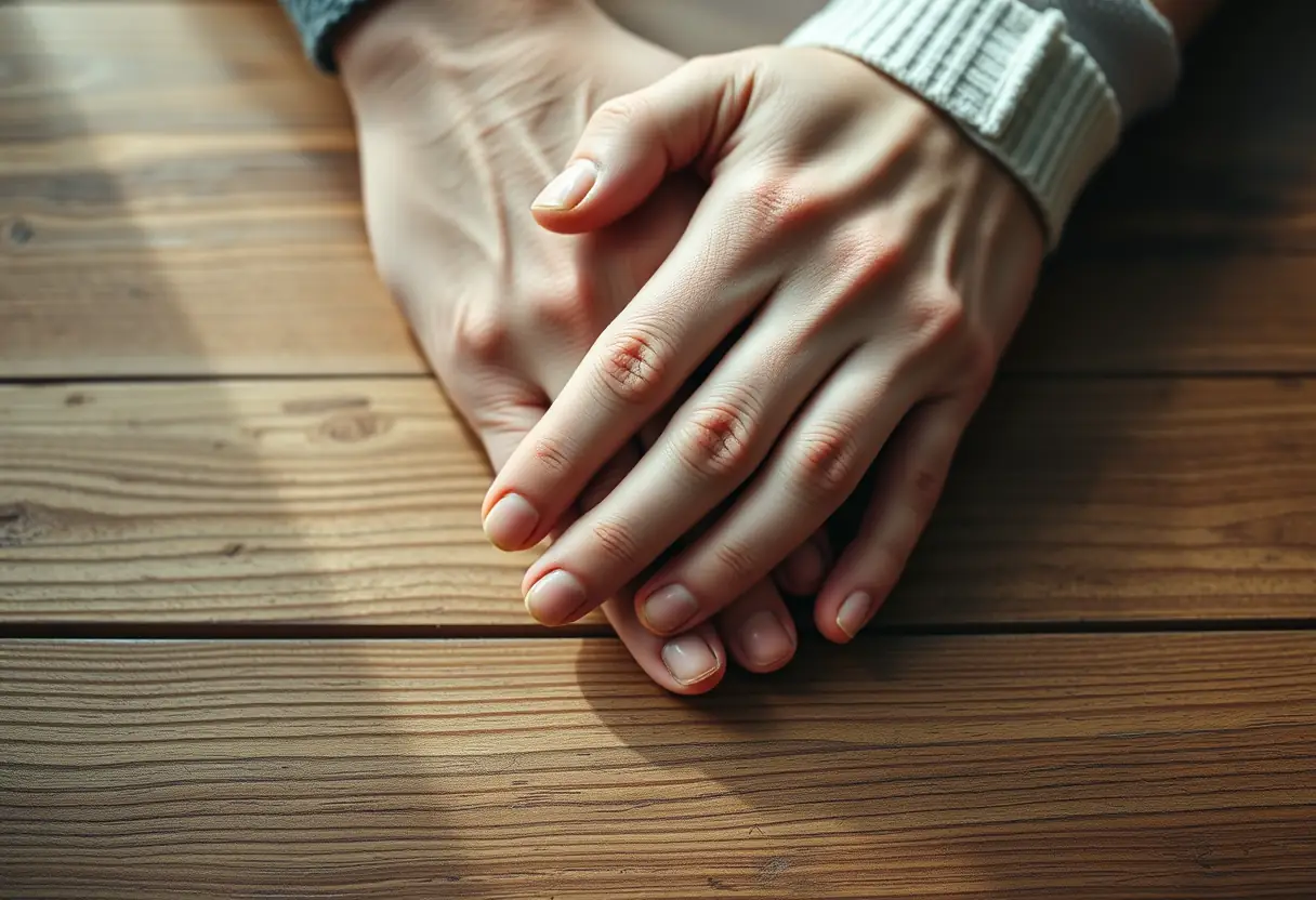 Mains entrelacées sur une table en bois, symbolisant l'union et l'amour à Lyon pour la Saint-Valentin.