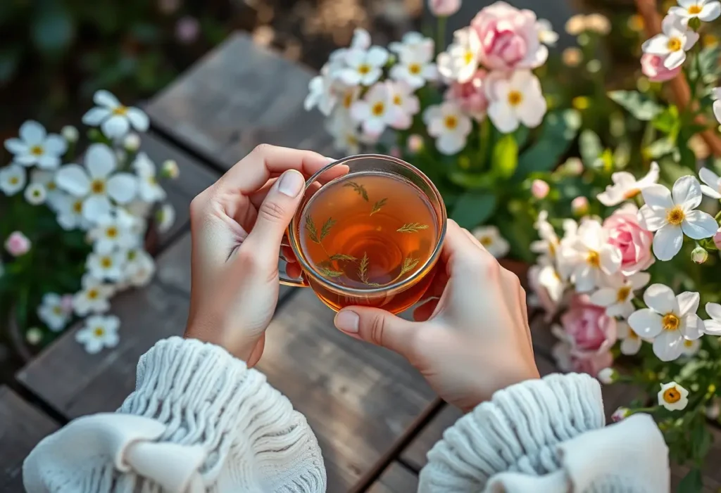 Deux mains tenant une tasse de thé herbeux dans un jardin fleuri apaisant