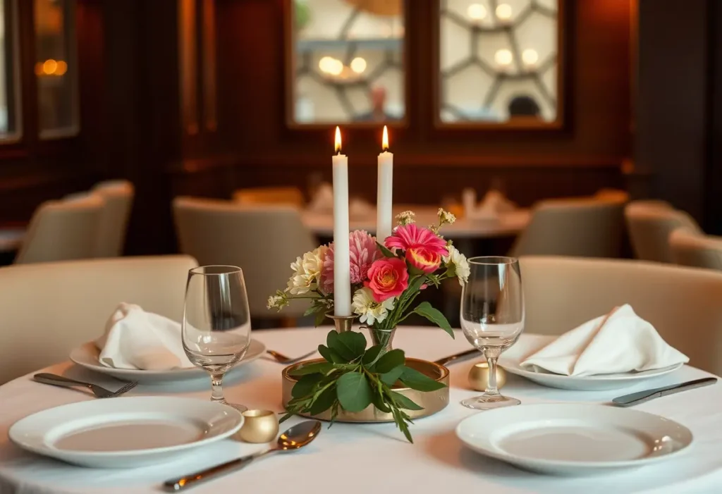 Table dressée pour deux dans un restaurant accueillant, éclairée par des bougies et des fleurs fraîches