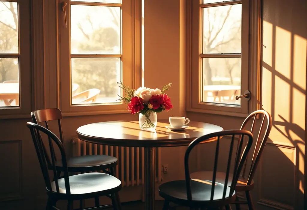 Une table de café accueillante pour deux personnes, éclairée par la lumière dorée du soleil qui filtre à travers les fenêtres