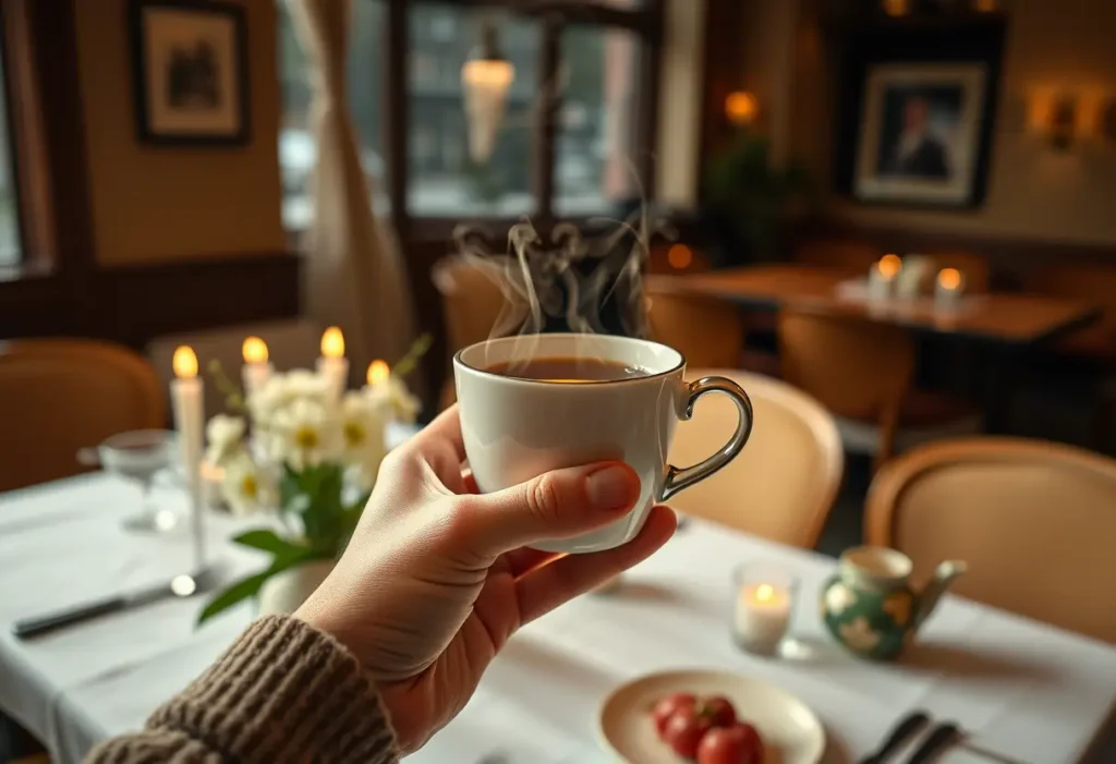 Une main tenant une tasse de thé chaud dans un restaurant accueillant avec des lumières tamisées et des bougies.