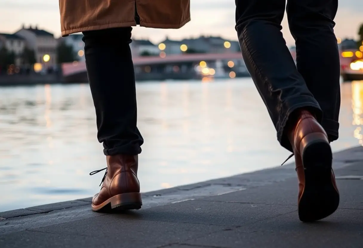Des pieds chaussés de chaussures en cuir brun marchant le long des quais du Rhône, reflétant la lumière de la ville sur l'eau