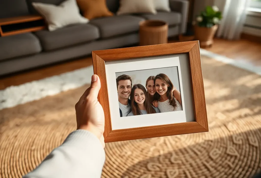 Main de bois avec cadre photo sur tapis tissé, Saint Valentin chaleureuse