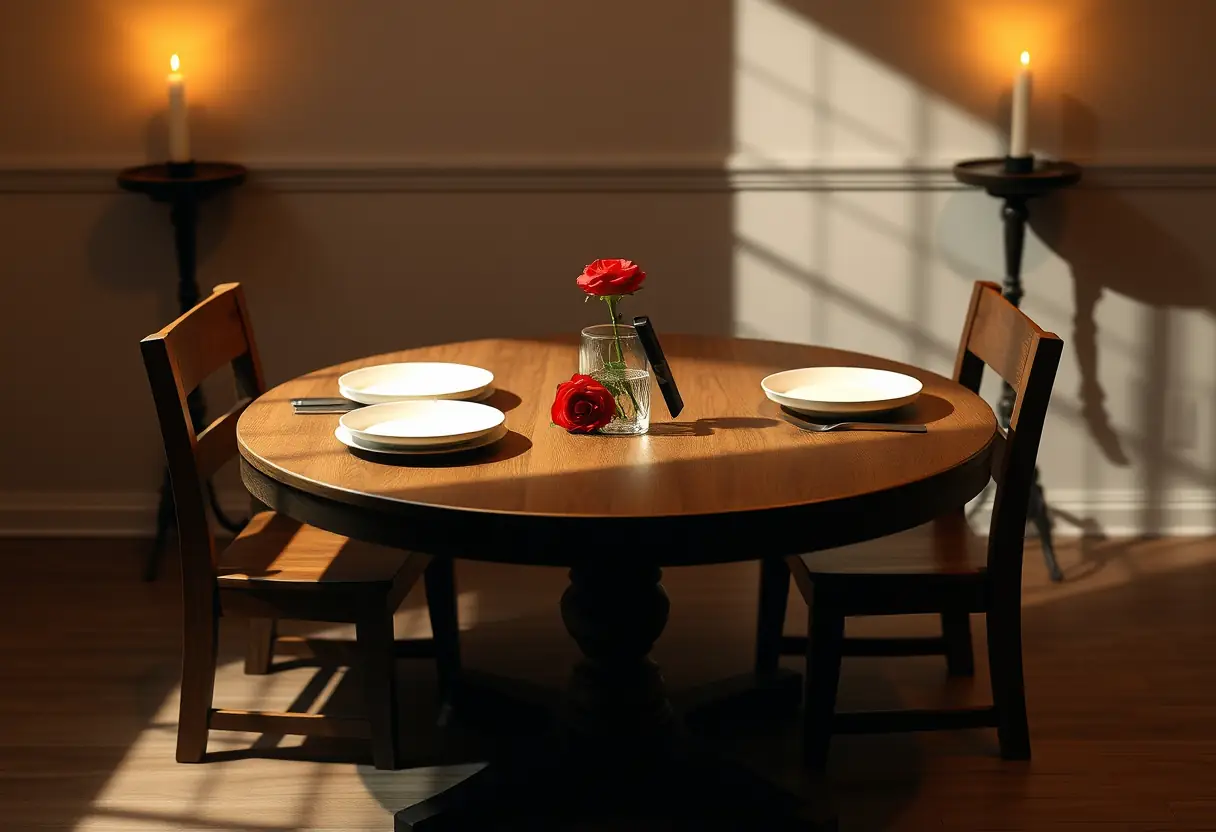 Table en bois pour deux avec repas simple, Saint Valentin économique