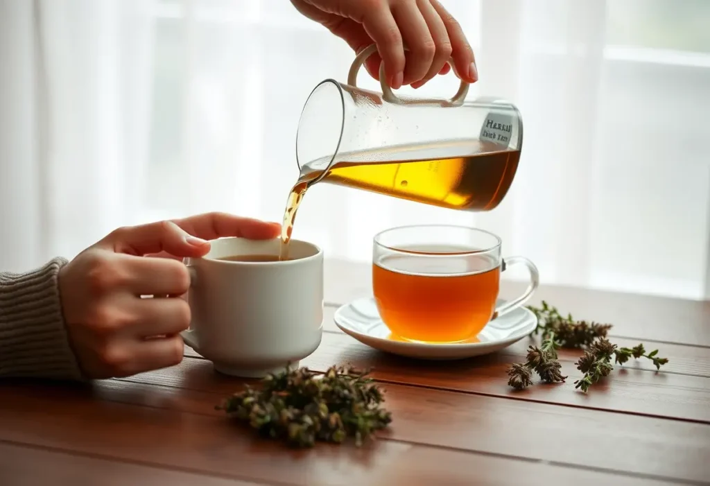 Des mains versant délicatement du thé herbagère dans deux tasses sur une table en bois