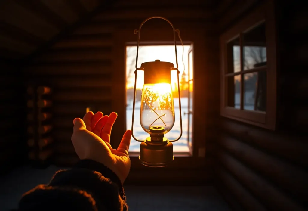 Cabane chaude éclairée par une lanterne à la tombée de la nuit